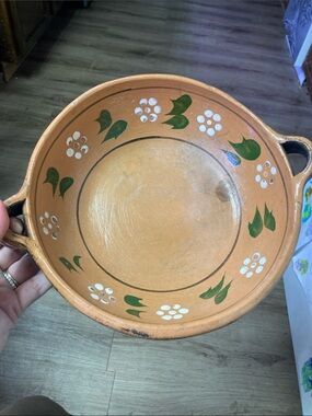 Hand Crafted Terracotta Serving Bowl with Green and White Floral Motif